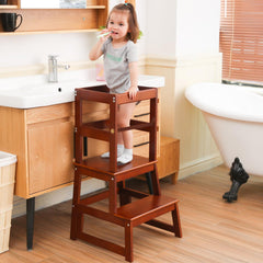 Wiifo Kids Kitchen Step Stool with safety rail in walnut facilitates toddler counter access