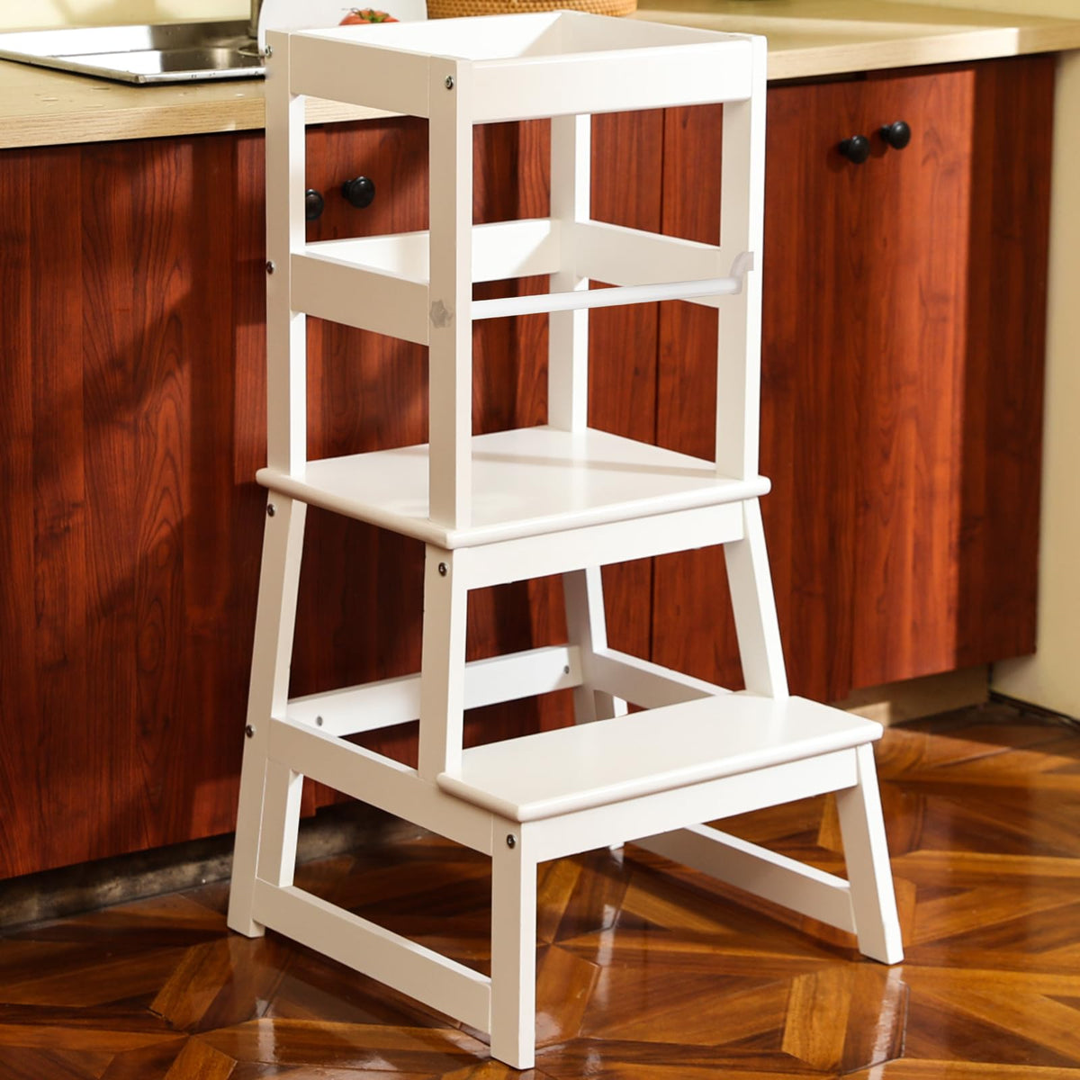 Wiifo kids kitchen step stool in white, front view showing sturdy wood build for safe climbing
