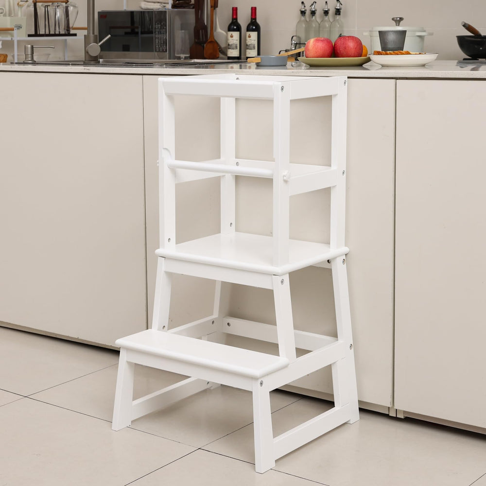 Wiifo kids kitchen step stool white side view highlights safety rail stability