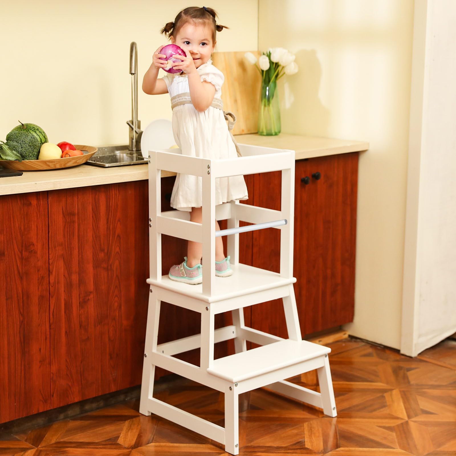 Wiifo kids kitchen step stool white side view highlighting safety rails