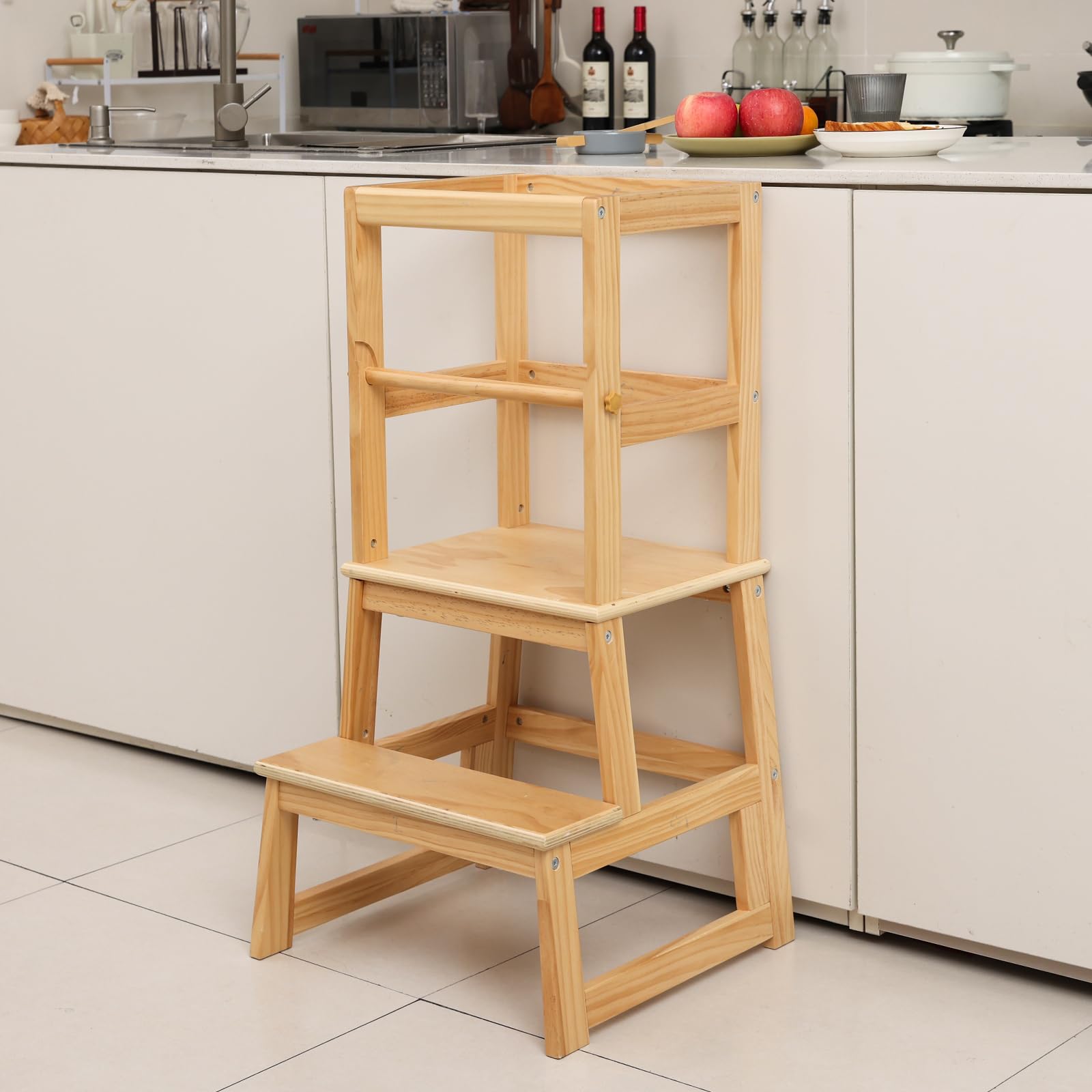Wiifo Montessori toddler stool with rail encourages independent participation in daily tasks.