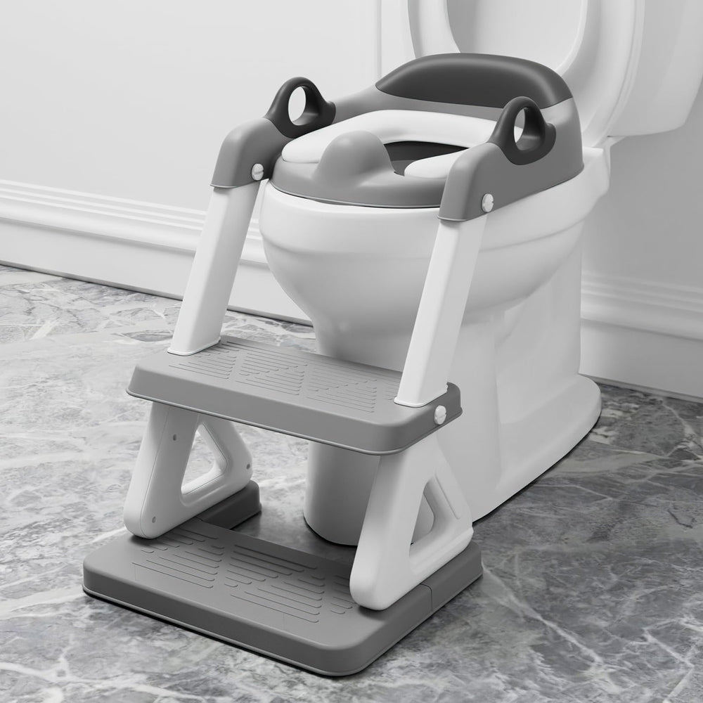 Wiifo potty ladder user demonstrates safe climbing with splash guard protection.