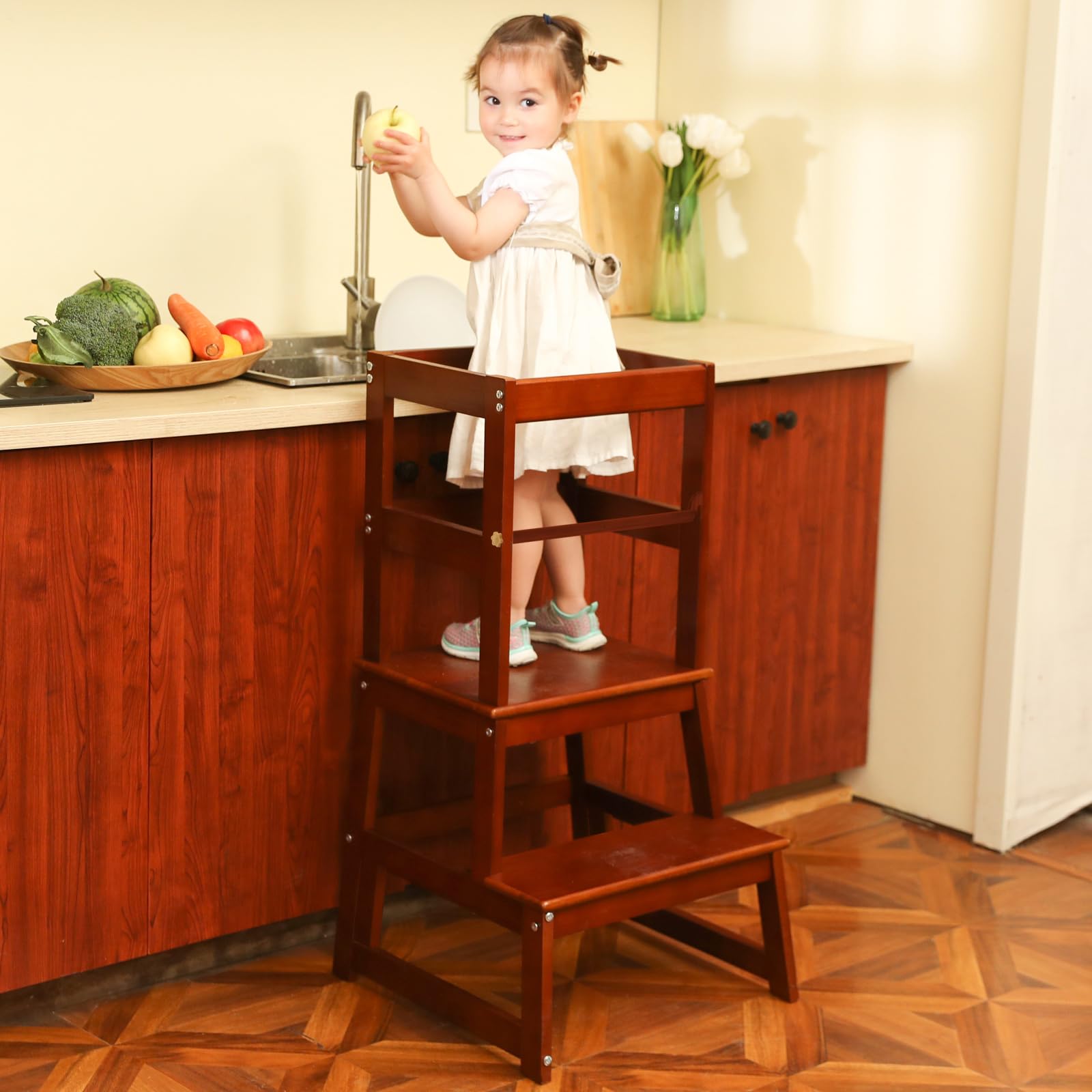 Wiifo toddler counter-height stool used at a sink for brushing teeth