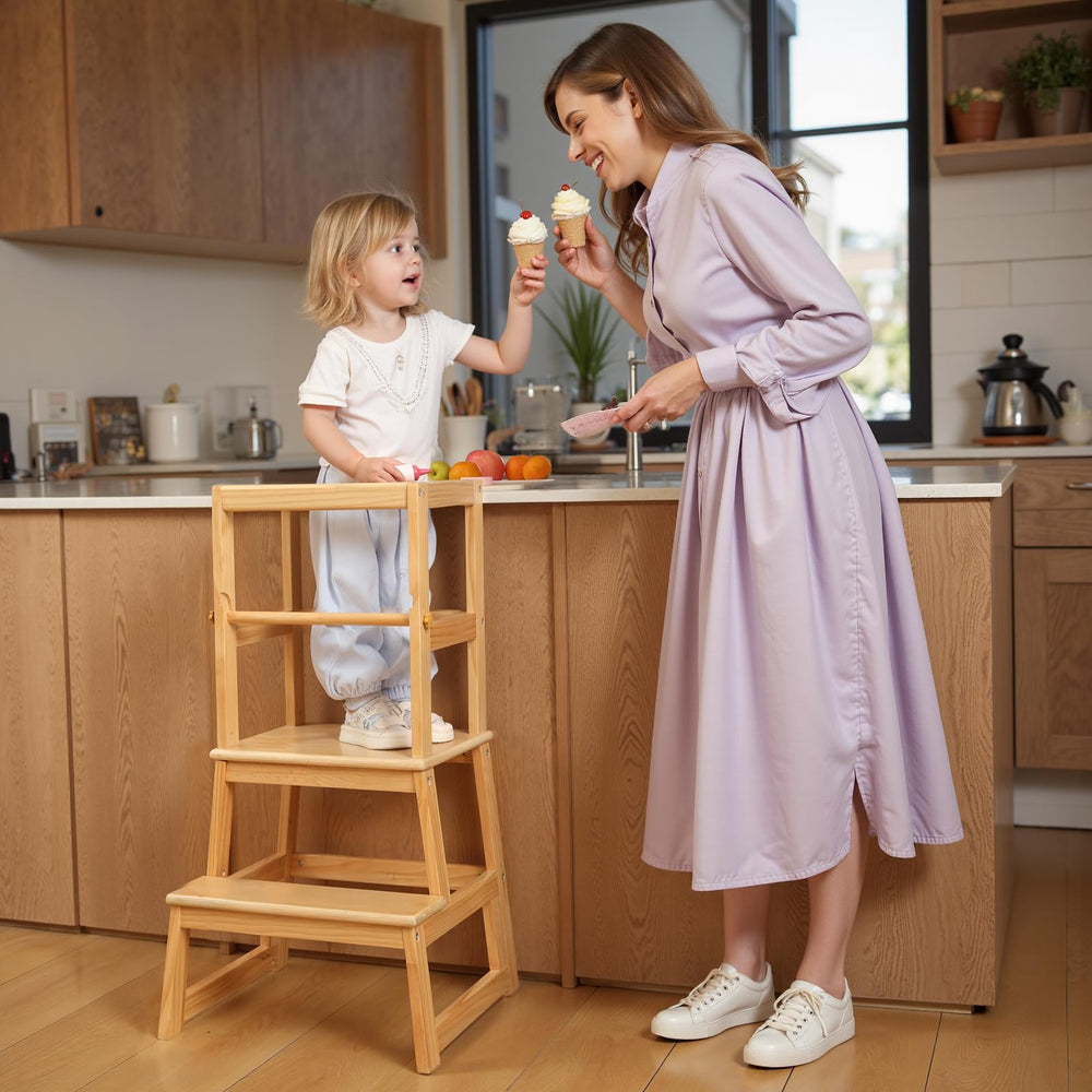 Wiifo toddler standing tower beside the counter boosts kid participation in cooking.