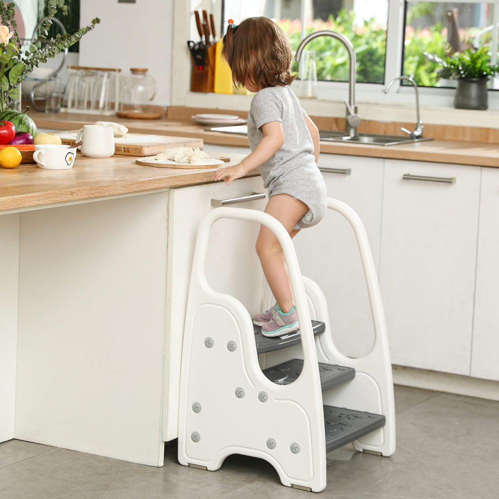 Wiifo toddler step stool grey adjustable-3-steps near kitchen counter for growing kids.