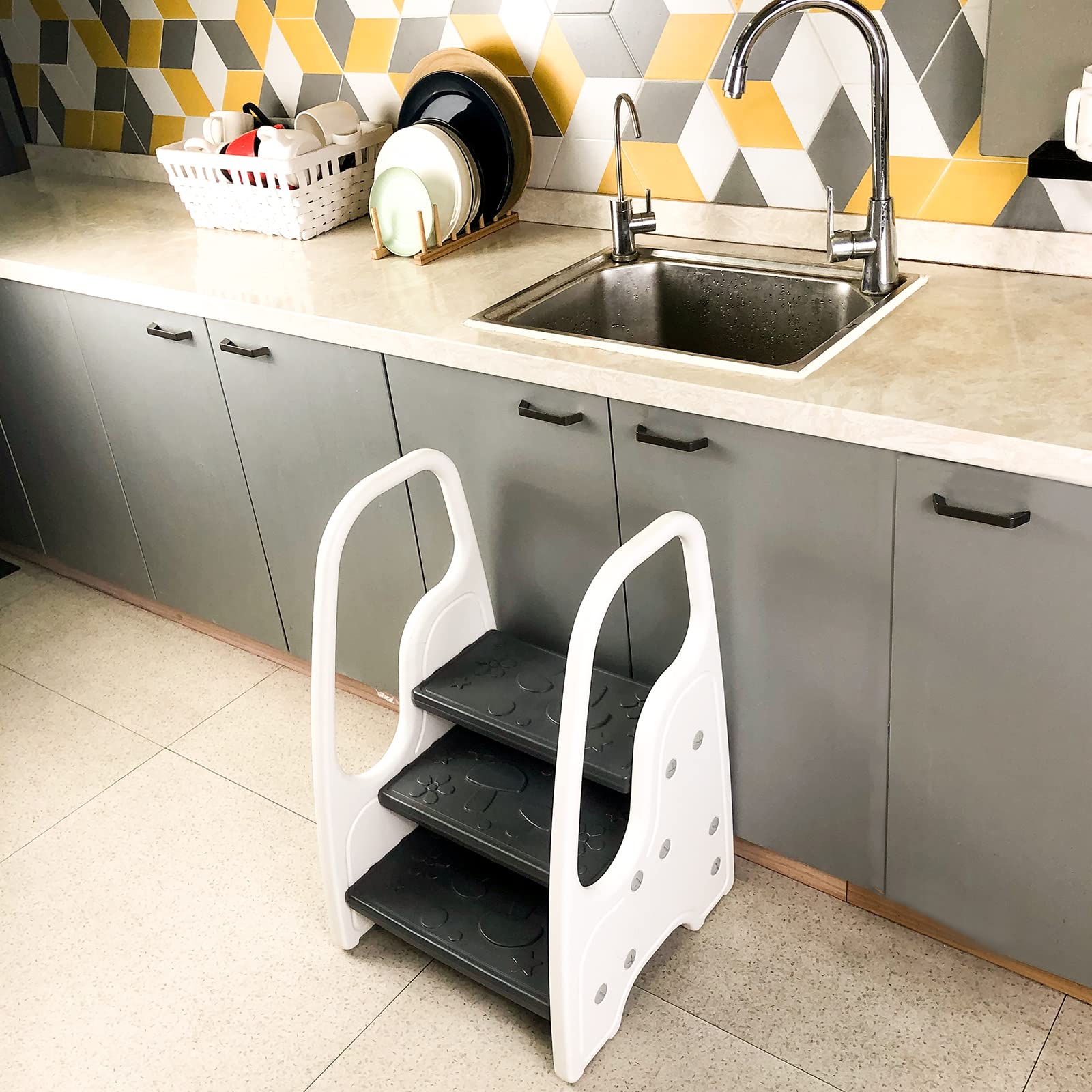 Wiifo toddler step stool grey kitchen-stand-tower for daily tasks.