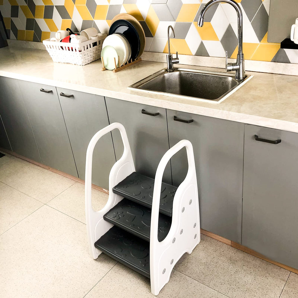 Wiifo toddler step stool grey kitchen-stand-tower for daily tasks.