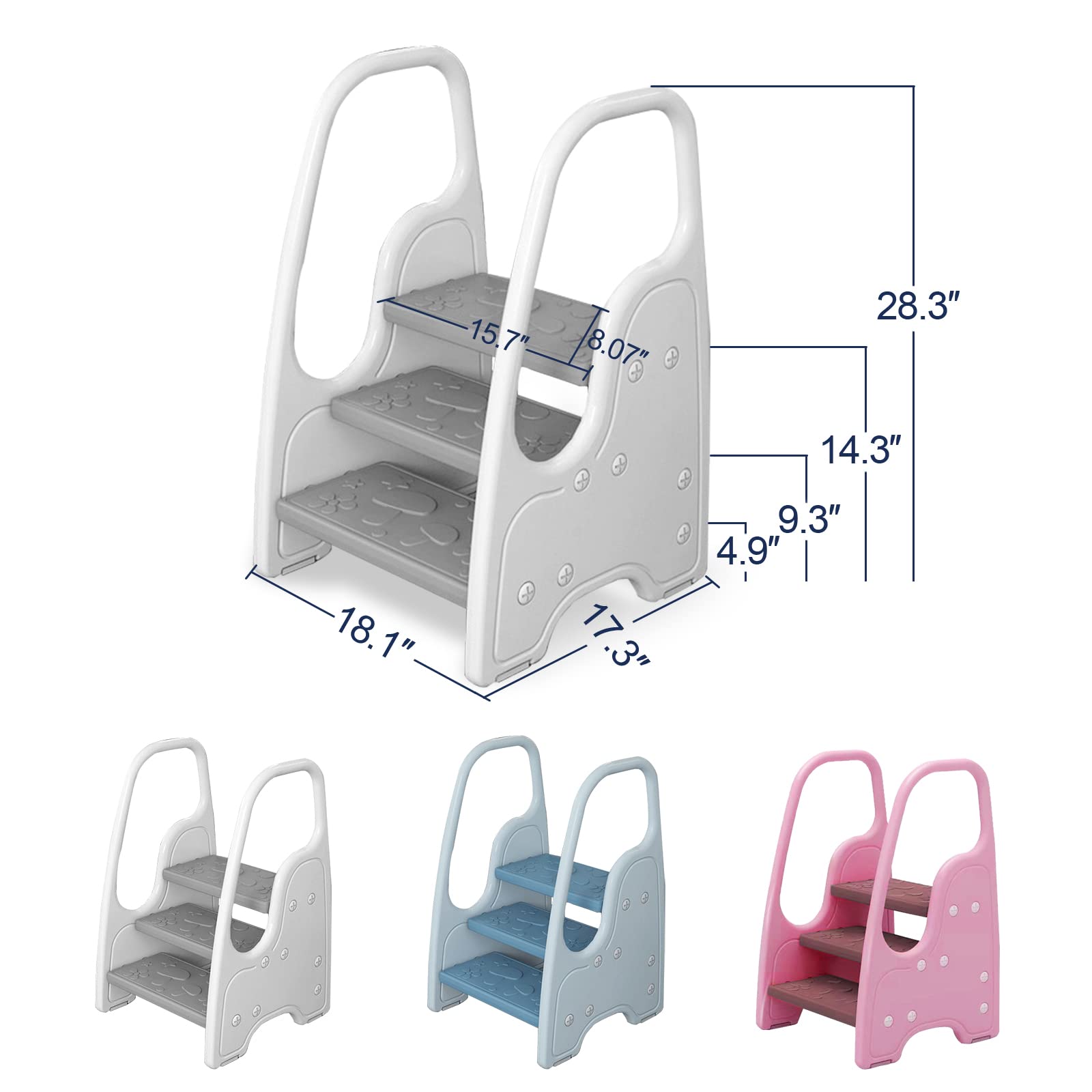 Wiifo toddler step stool grey safety-handles closeup showing secure grip.