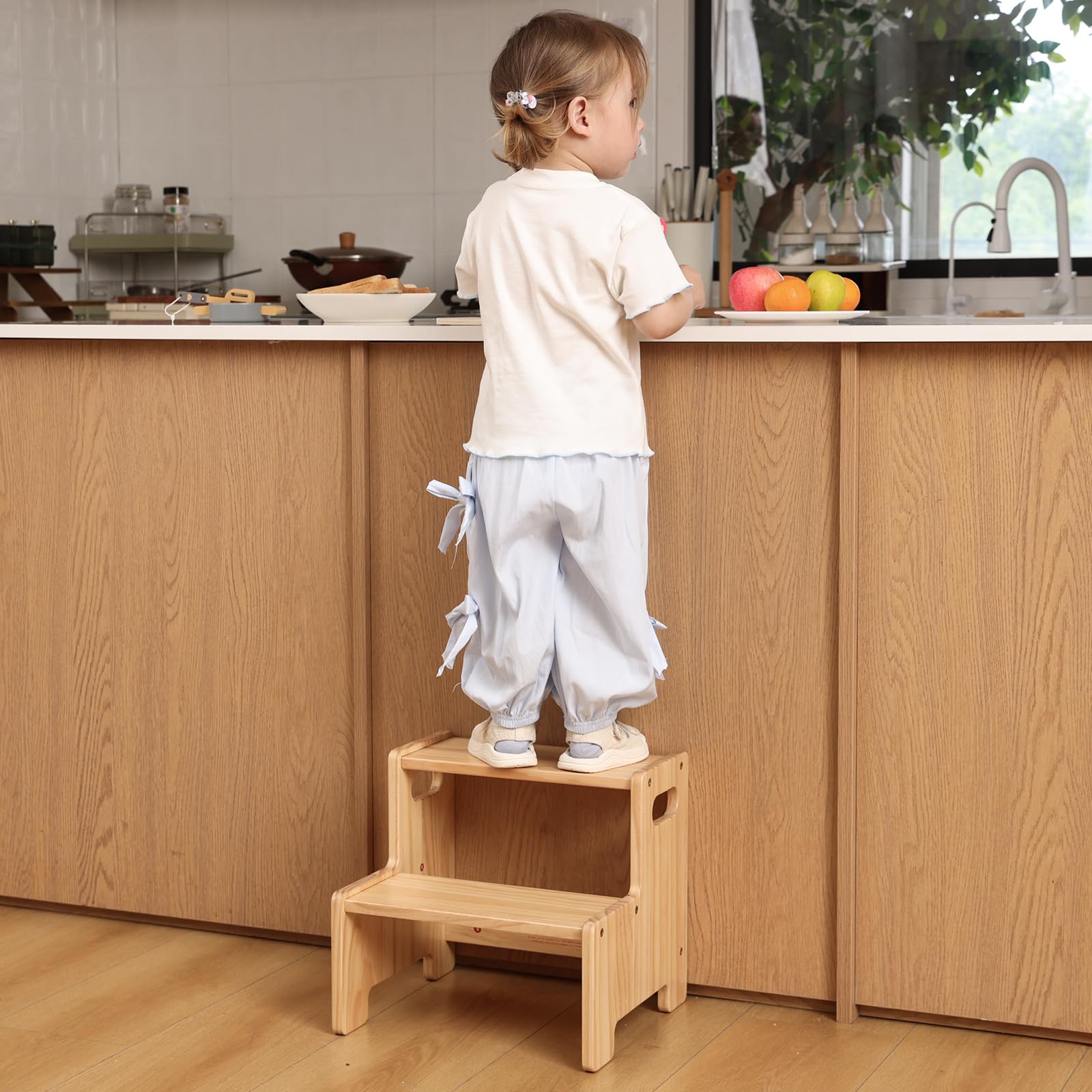 Wiifo wooden step stool durable natural wood supports up to 300 pounds.