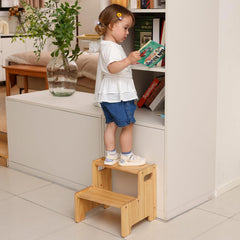Wiifo wooden step stool side view highlighting non-slip feet and compact height.
