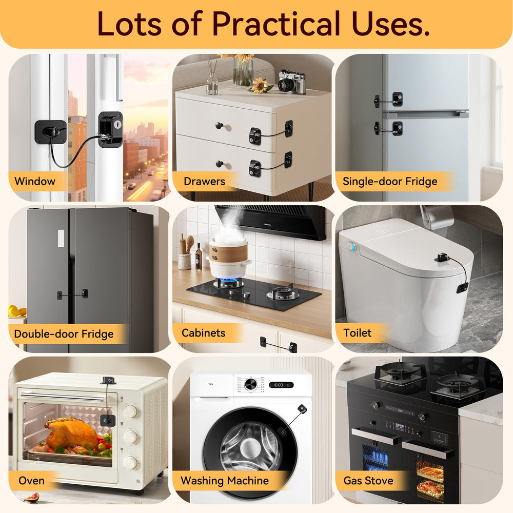 Wilbeva refrigerator lock 2-pack adhesive installation demonstrates tool-free setup.