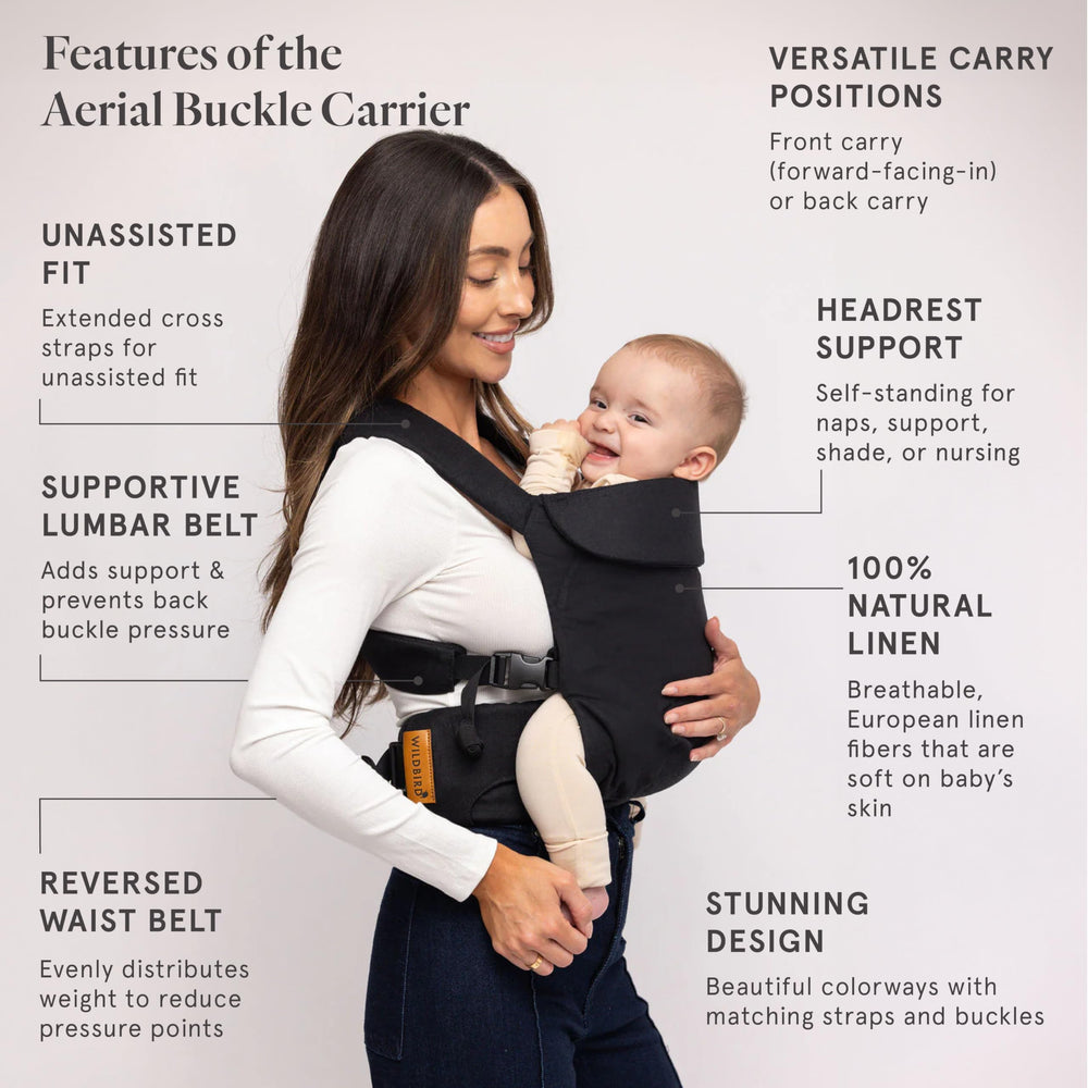 WildBird Aerial Buckle Carrier cross straps emphasize secure fit and breathable linen comfort.