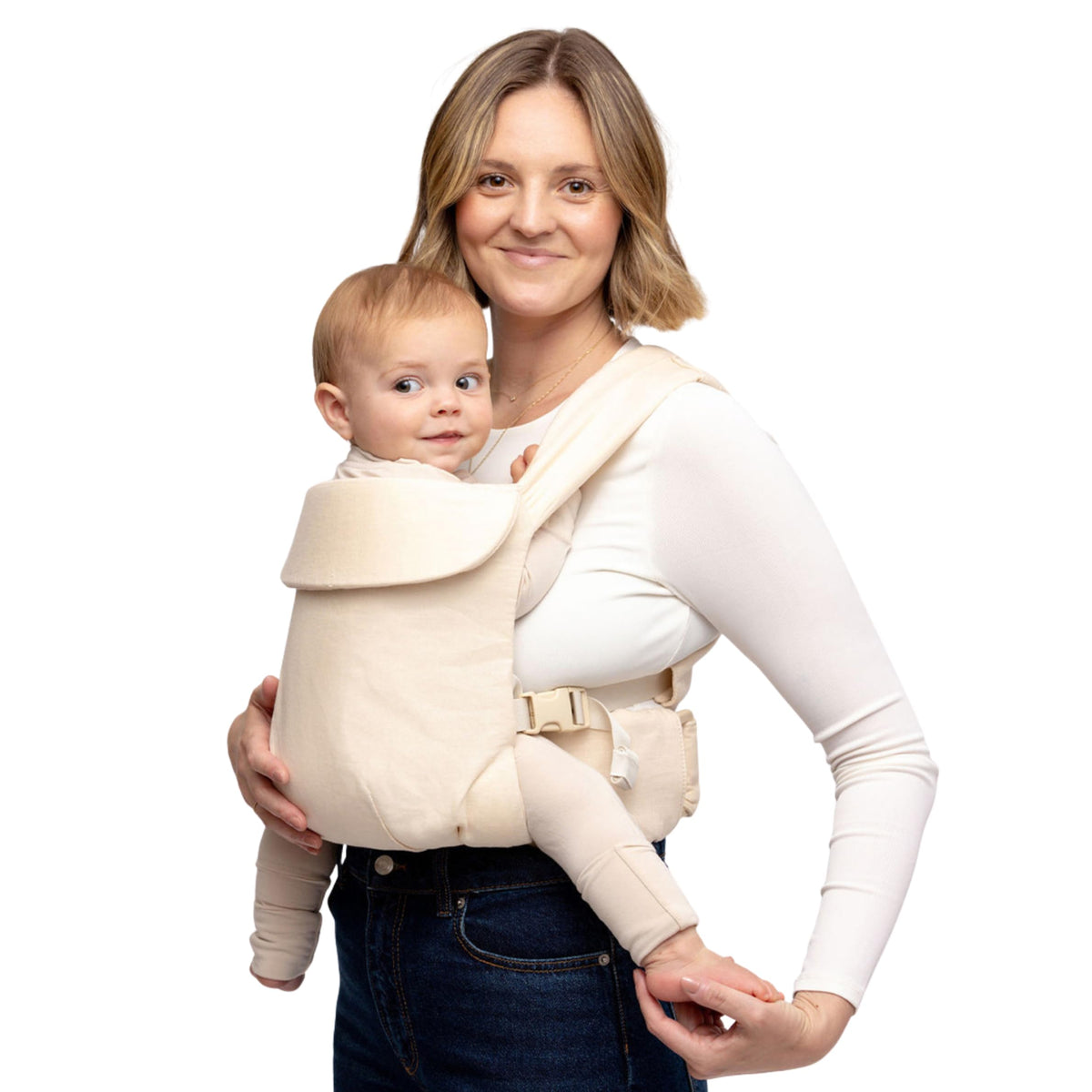 WildBird Aerial Buckle Carrier front view for hands-free wearing with breathable linen.