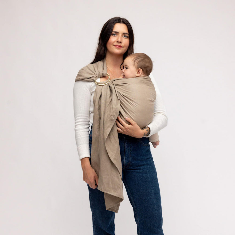 WildBird ring sling Desert Lark Bronze Ring highlights breathable linen for everyday babywearing.