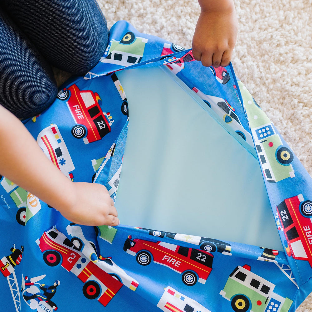 Wildkin Heroes nap mat cover coordinates with Wildkin backpacks for a matching set