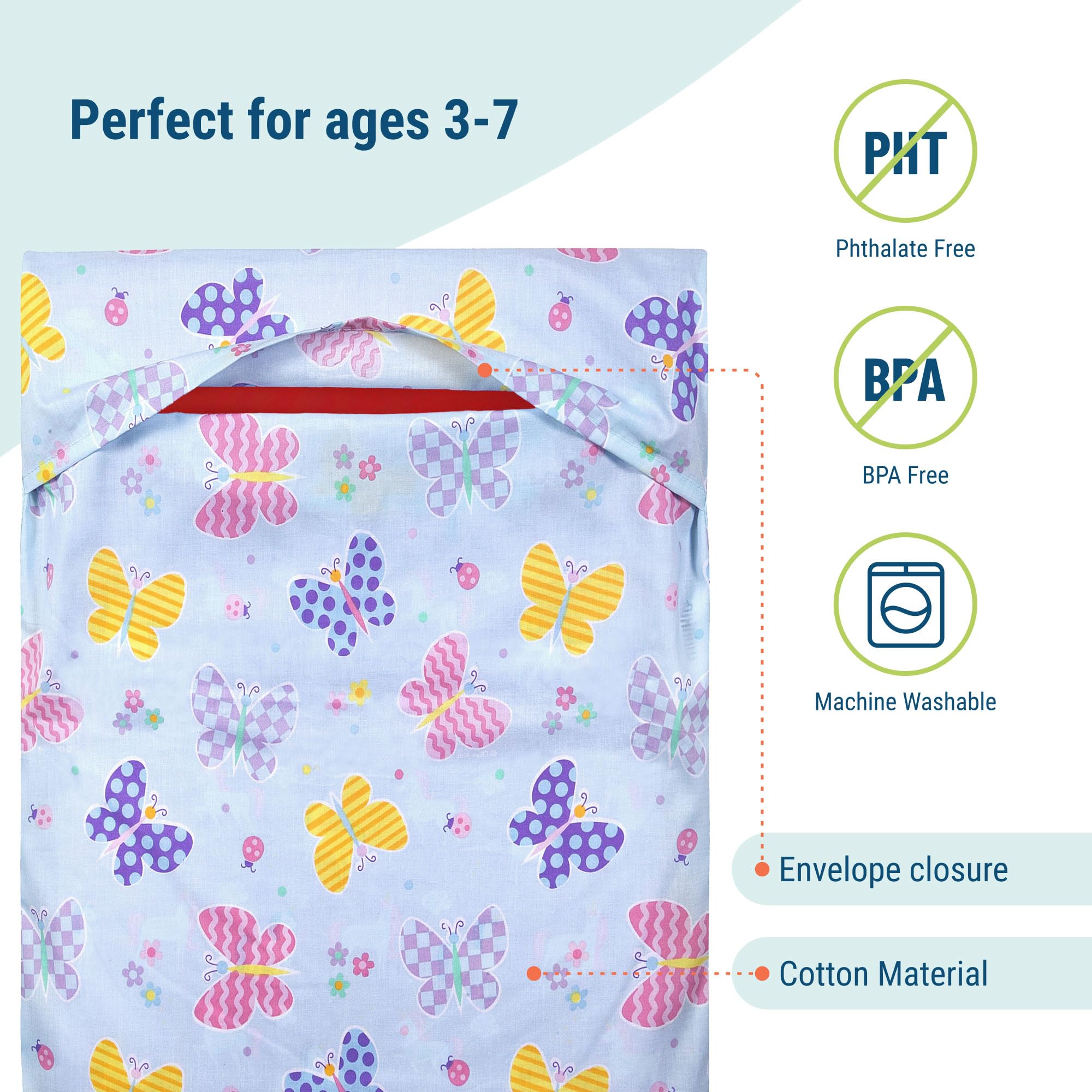 Wildkin nap mat cover machine-washable tag close-up emphasizes easy cleaning after spills.