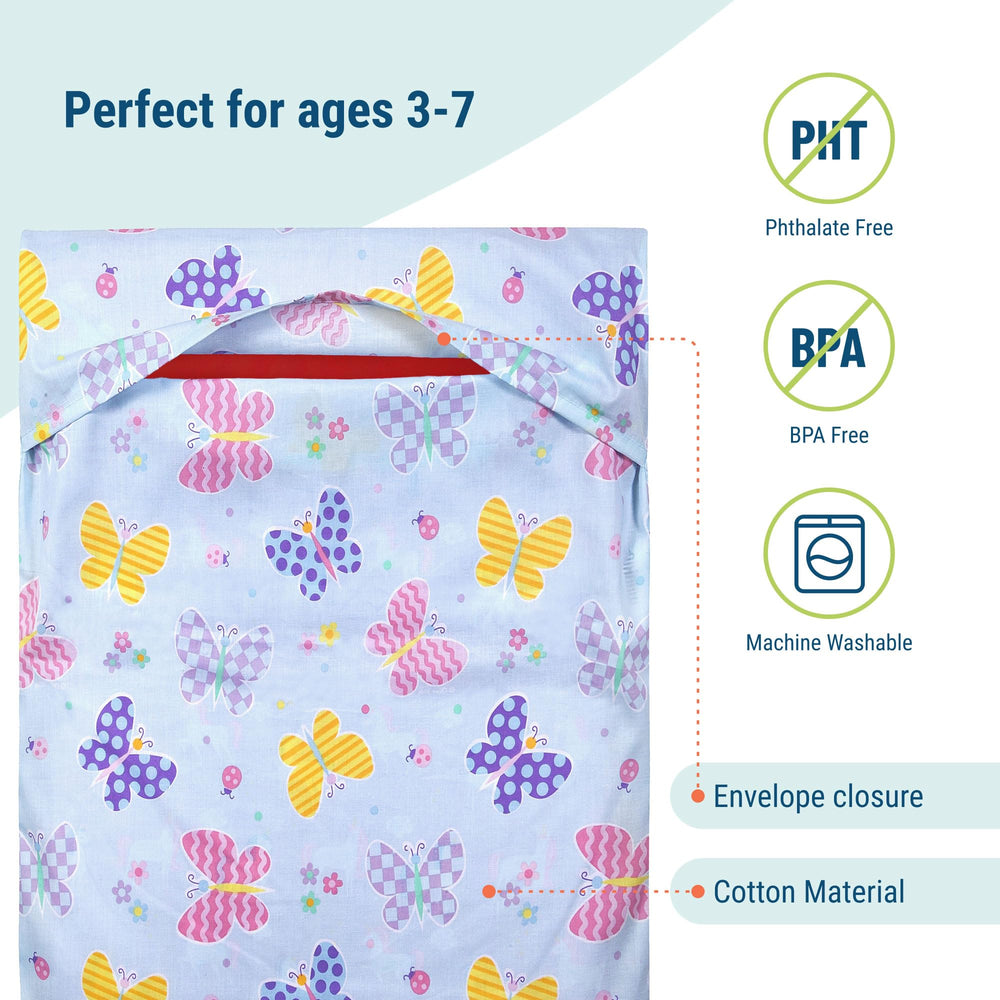 Wildkin nap mat cover machine-washable tag close-up emphasizes easy cleaning after spills.