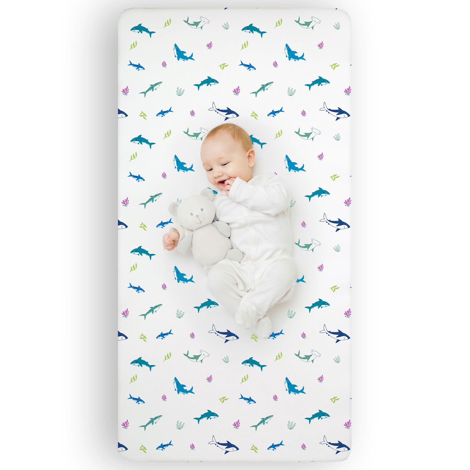 Wildkin Shark Attack crib sheet on a standard 52 x 28 crib mattress showing soft comfort