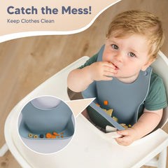 WiLLBEttER silicone bib with deep pocket catches spills during meals