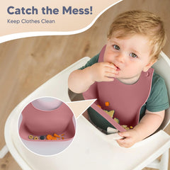 WiLLBEttER silicone bib with deep pocket catches spills during meals.