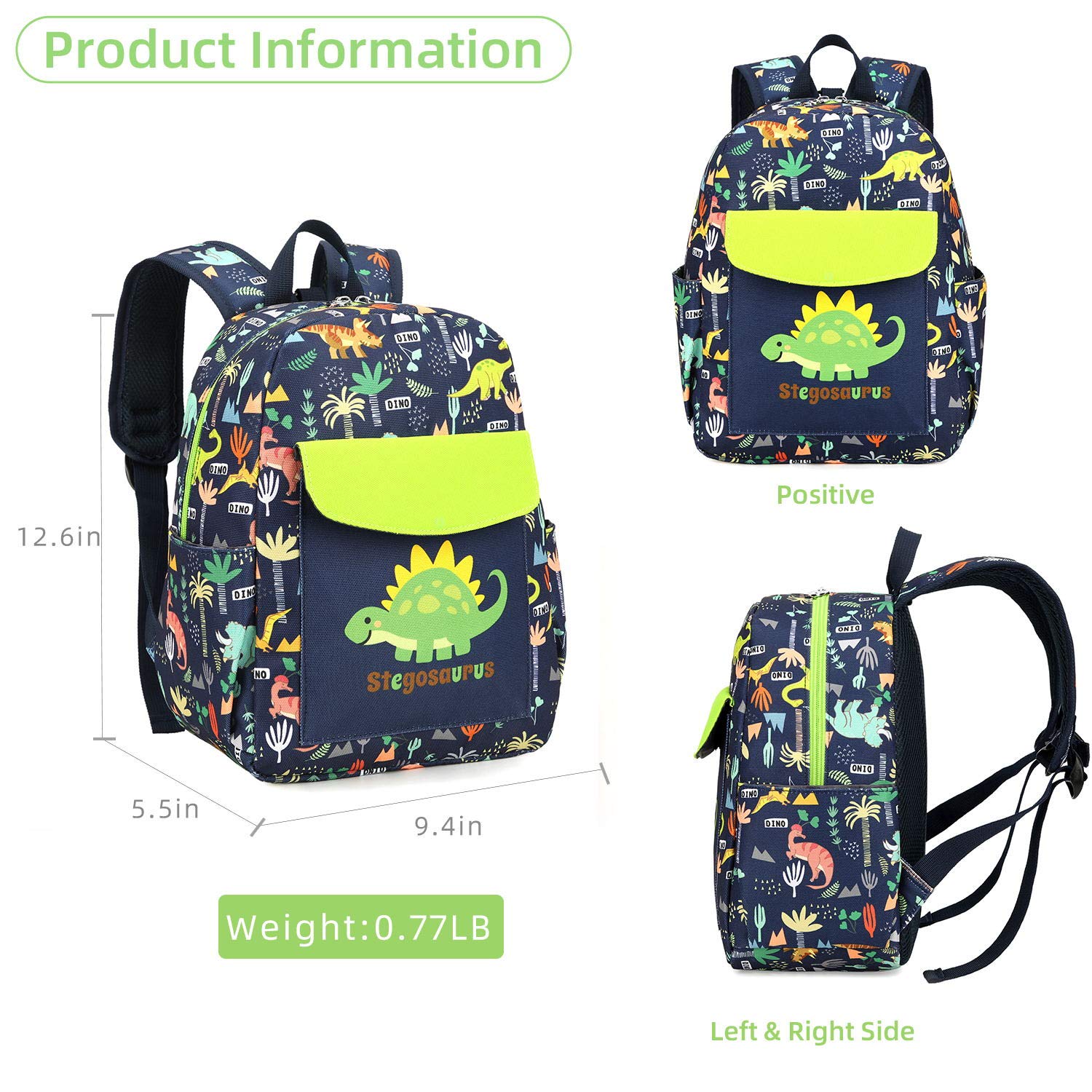 Willikiva backpack green dinosaur print side pocket provides quick toy storage.