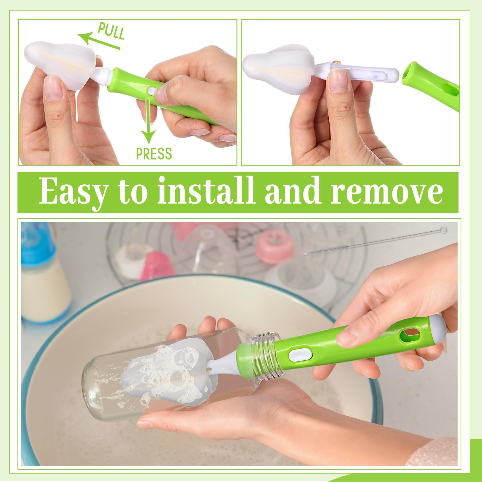 Willinglong bottle brush-head assembly enables easy head replacement and extended life.