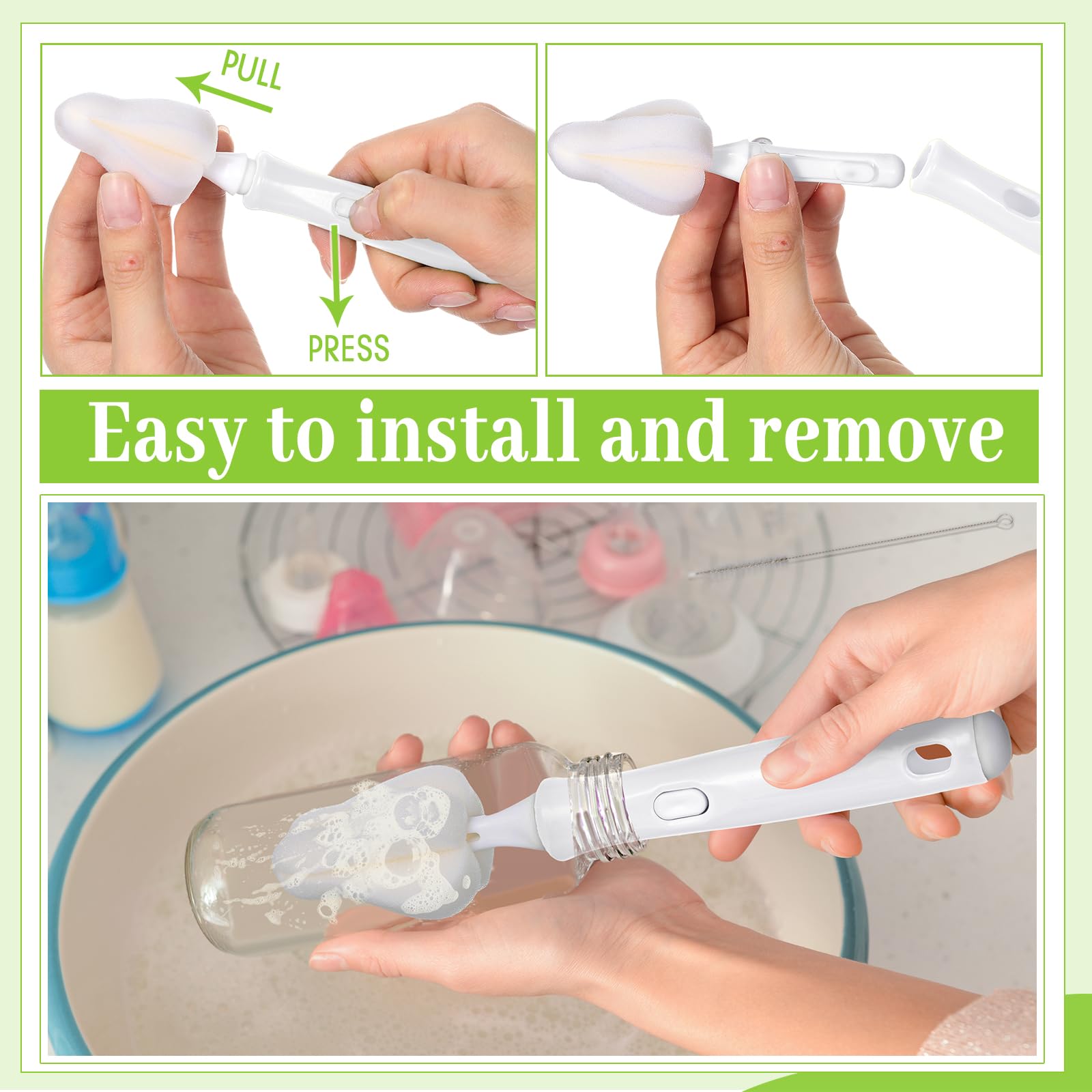 Willinglong soft sponge heads conform to nipple contours for safe cleaning.