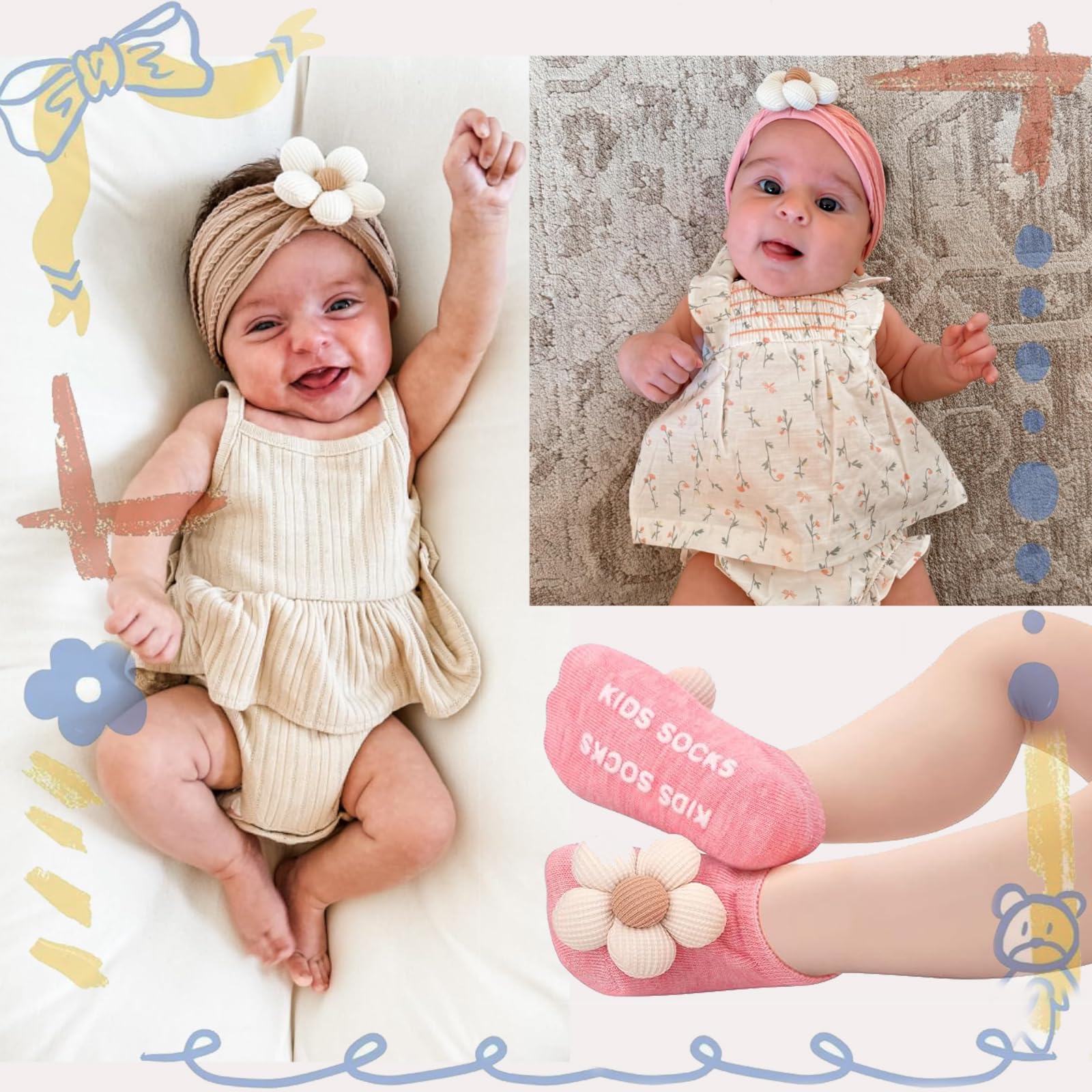WillingTee headbands on a baby head showcasing secure, mark-free elastic fit