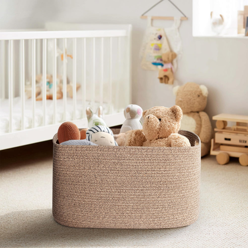 Willitat basket in a tidy living room reduces clutter.
