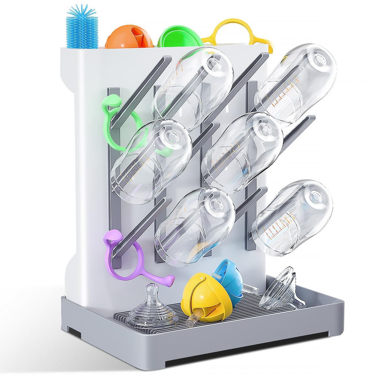 WillMall baby bottle drying rack with twelve pegs holds twelve bottles for organized drying.