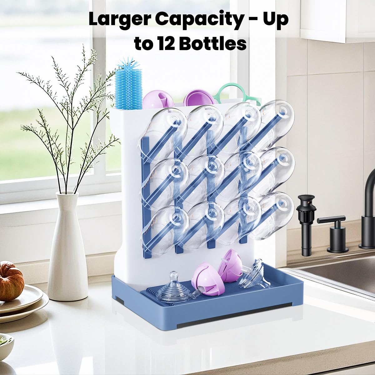 WillMall bottle drying rack demonstrates full capacity with vertical design for busy kitchens.