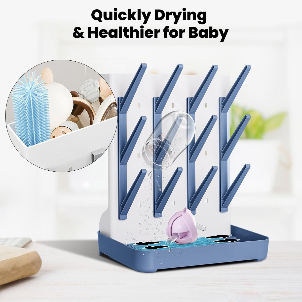 WillMall bottle drying rack removable drain tray keeps counters clean after feeds.