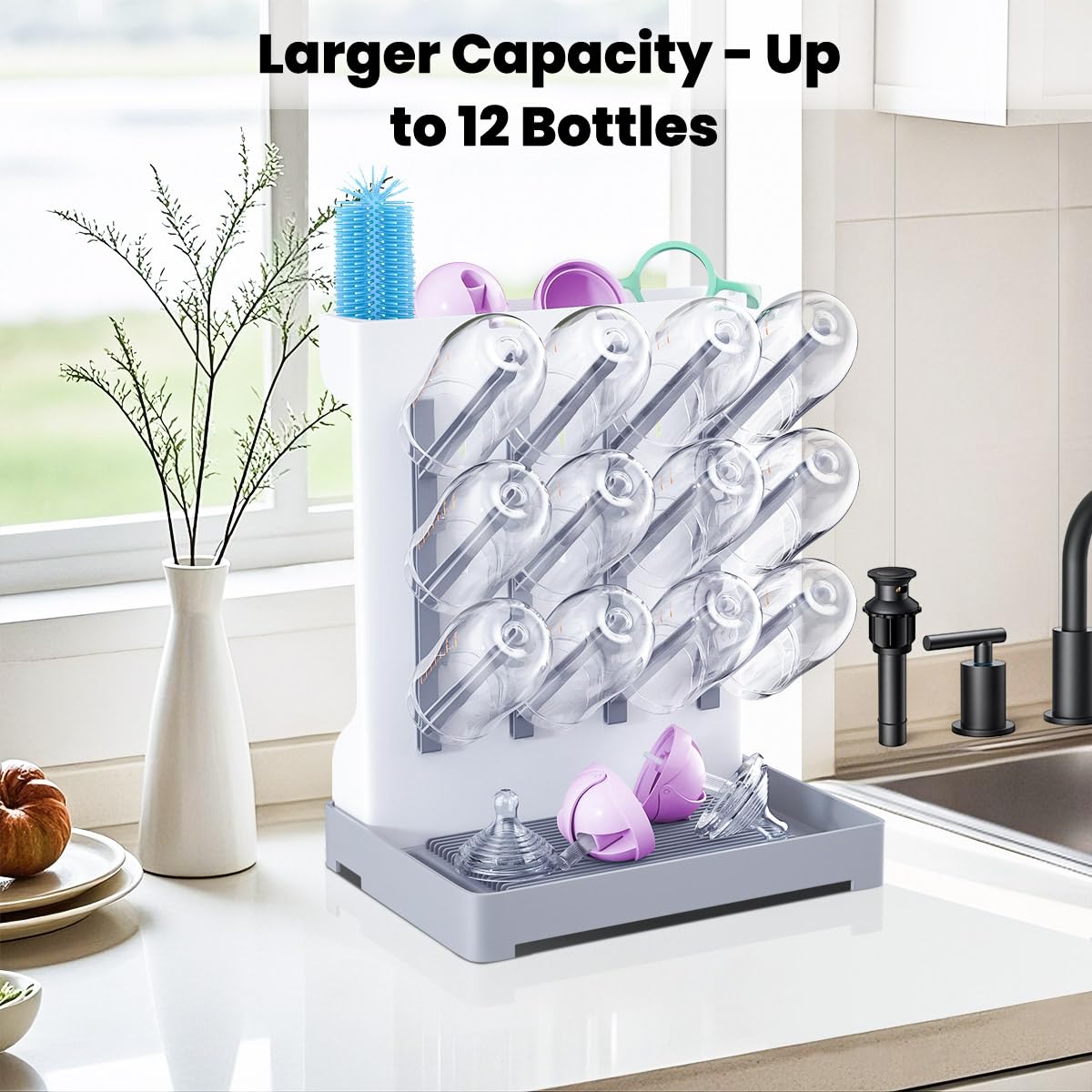 WillMall bottle drying rack top pocket dries nipples and small parts after feeding.