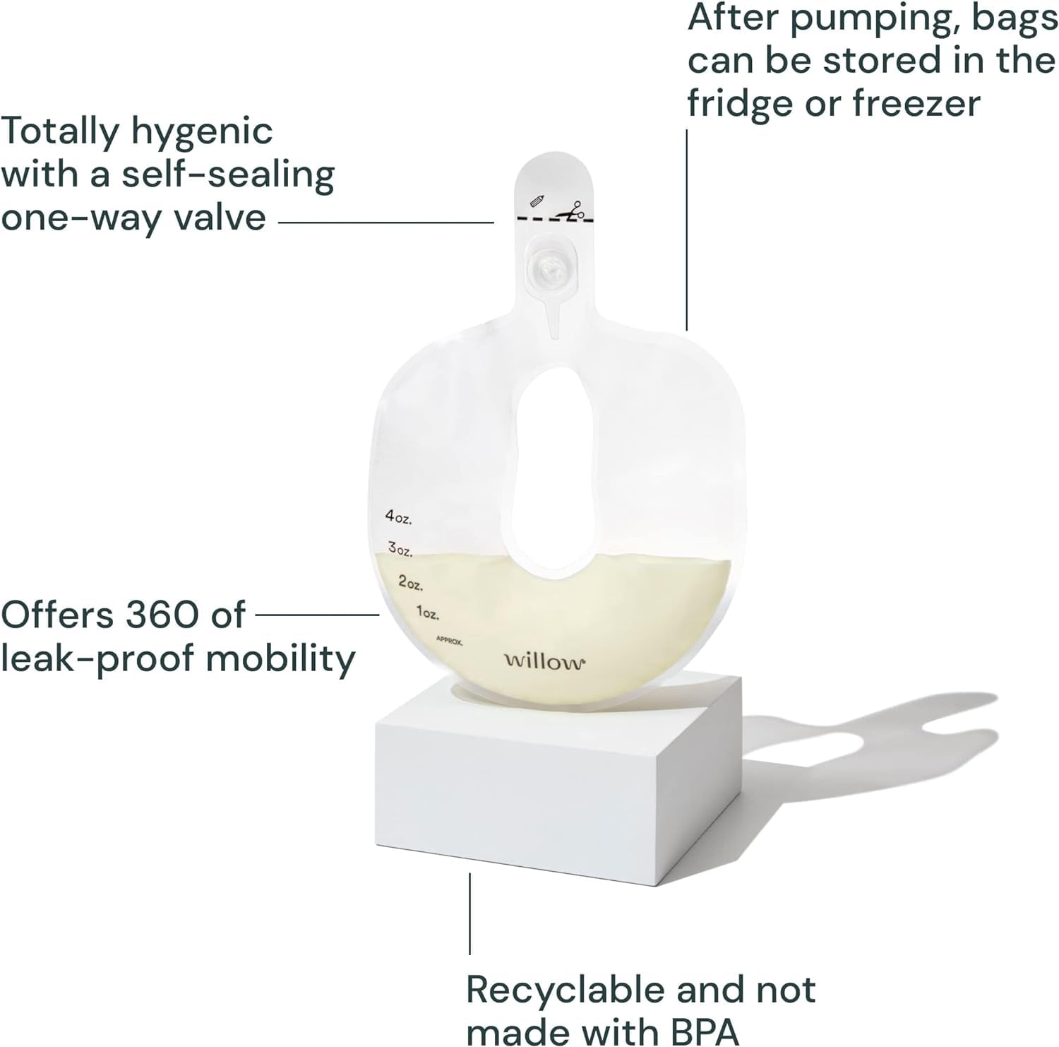 Willow breast milk bags leak-proof closure demonstrating mess-free pumping