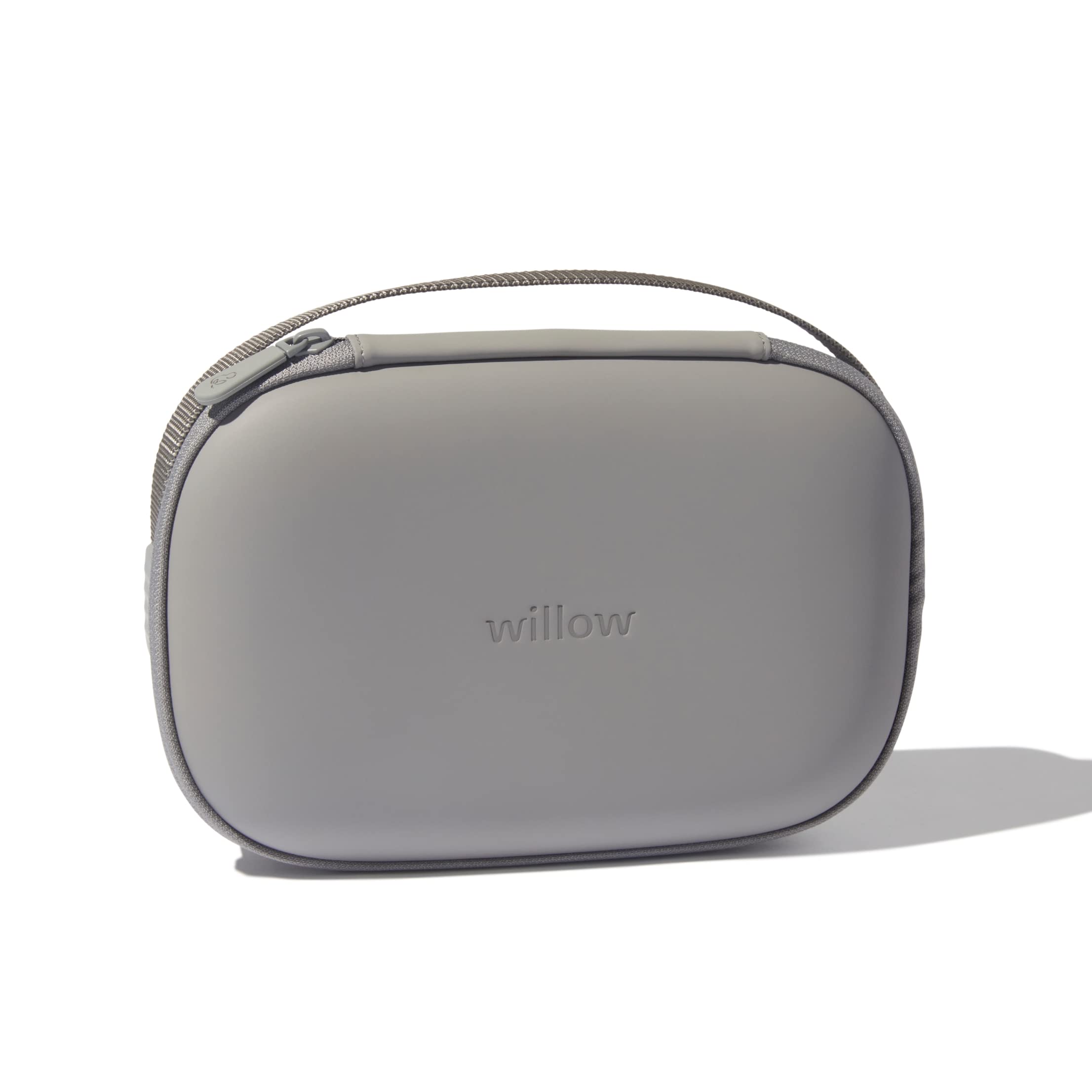Willow breast pump carrying case grey front view highlights a durable shell for travel