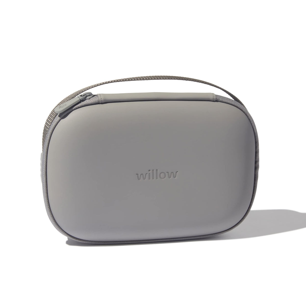 Willow breast pump carrying case grey front view highlights a durable shell for travel