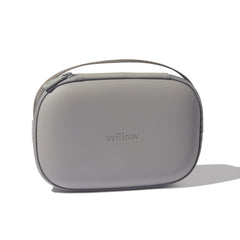 Willow breast pump carrying case grey front view highlights a durable shell for travel