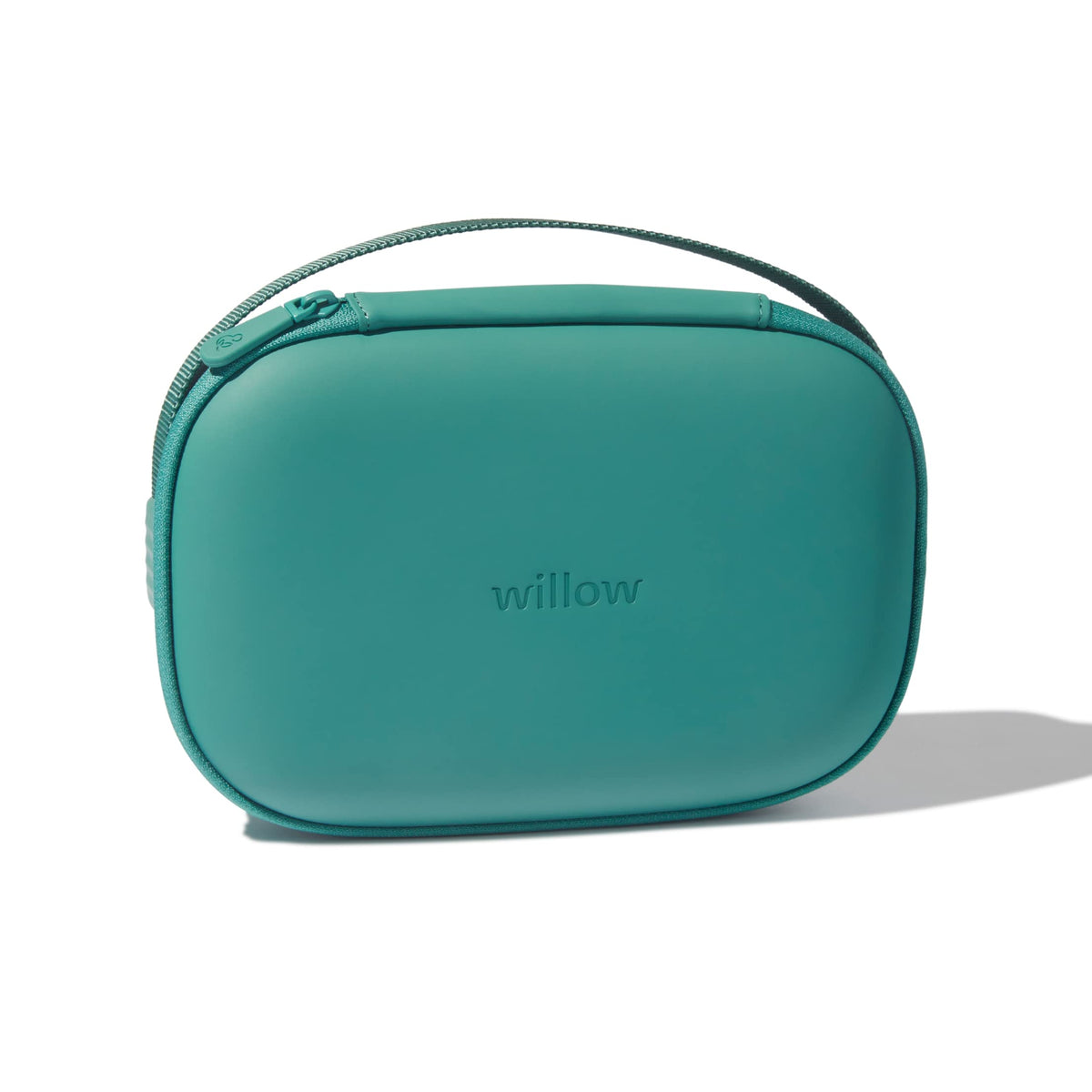 Willow breast pump carrying case teal closed view highlighting travel-ready design