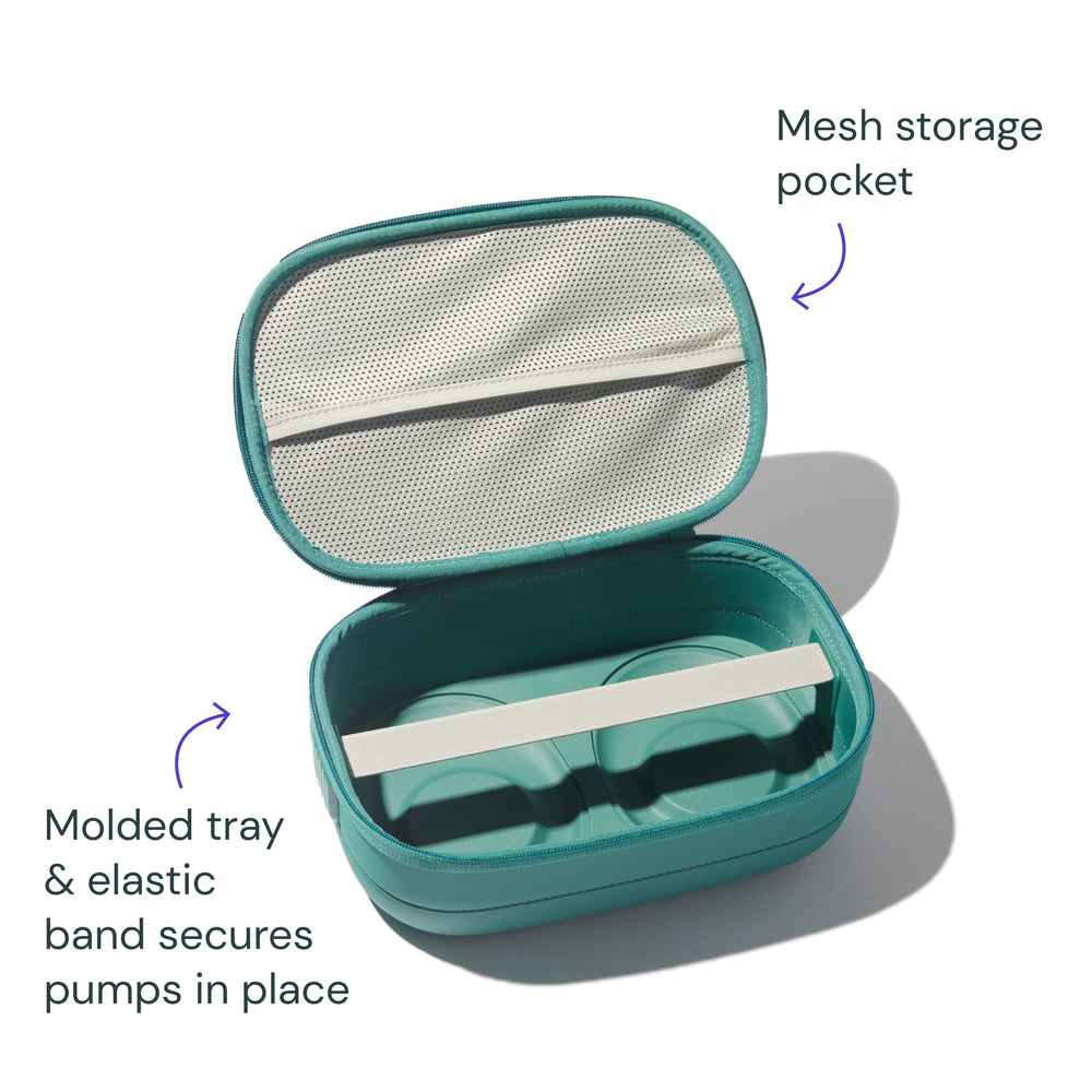 Willow breast pump carrying case teal removable tray shows organized storage