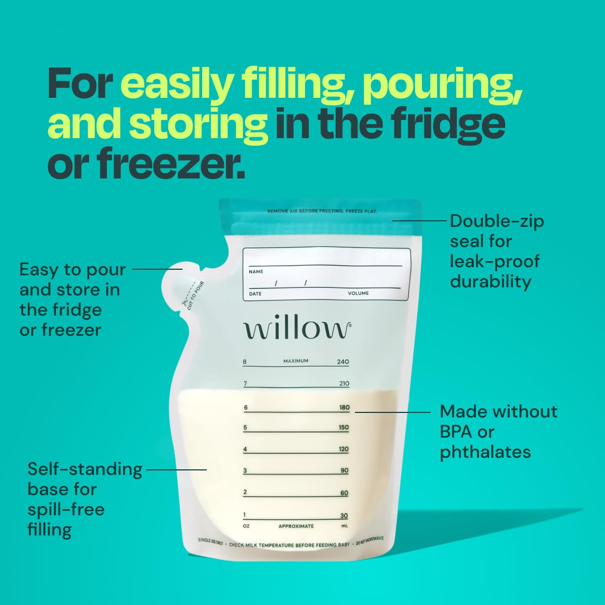 Willow double-zip seal bags highlighting durable, leak-resistant storage for milk