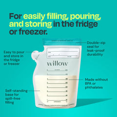 Willow double-zip seal bags highlighting durable, leak-resistant storage for milk
