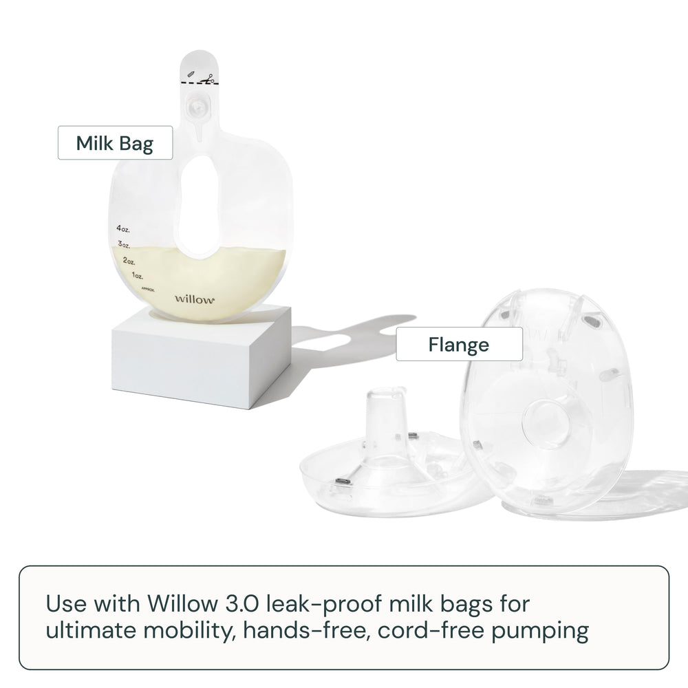 Willow flanges 24mm side view emphasizing customizable fit for comfortable hands-free pumping
