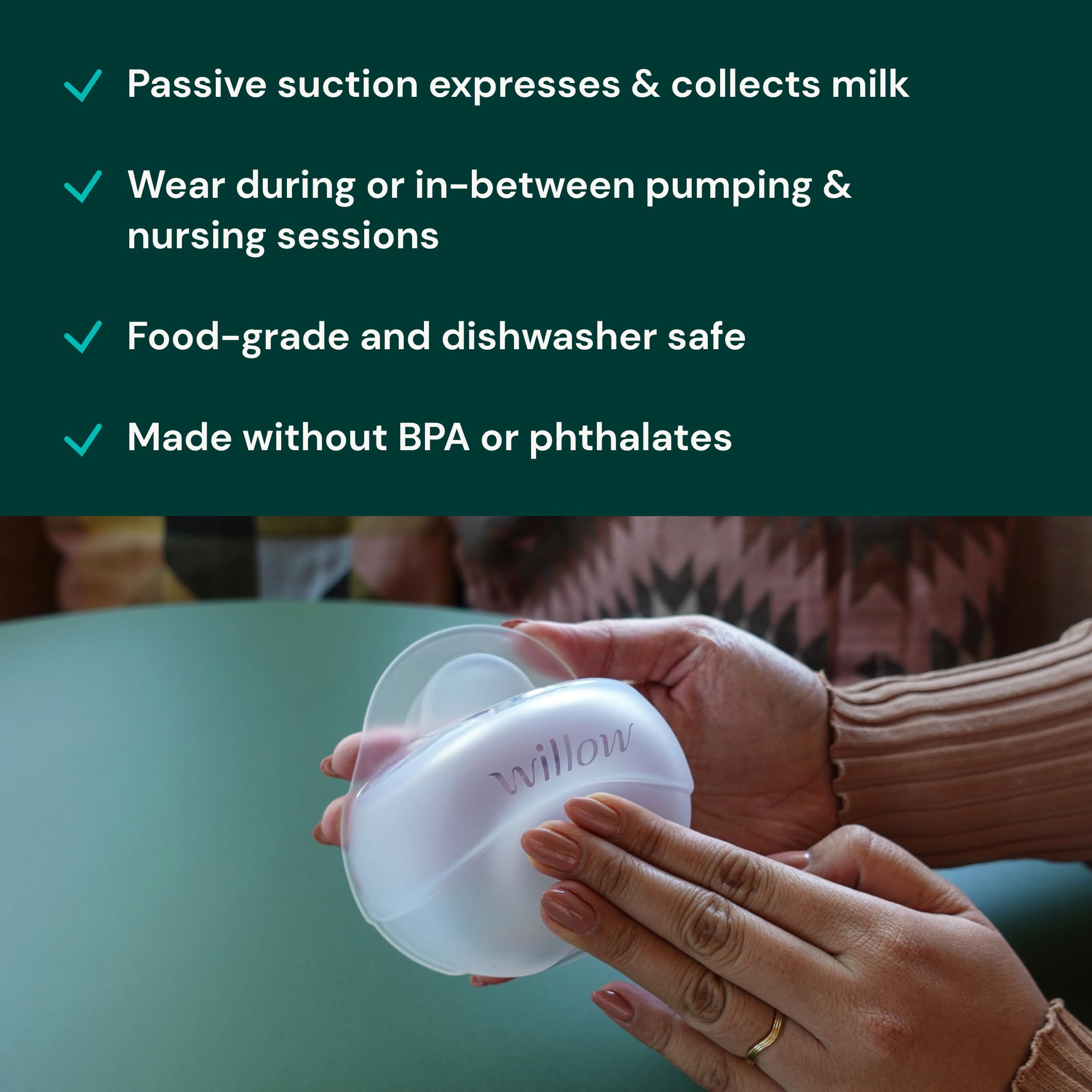Willow passive suction pump showing gentle milk collection with adjustable pull.