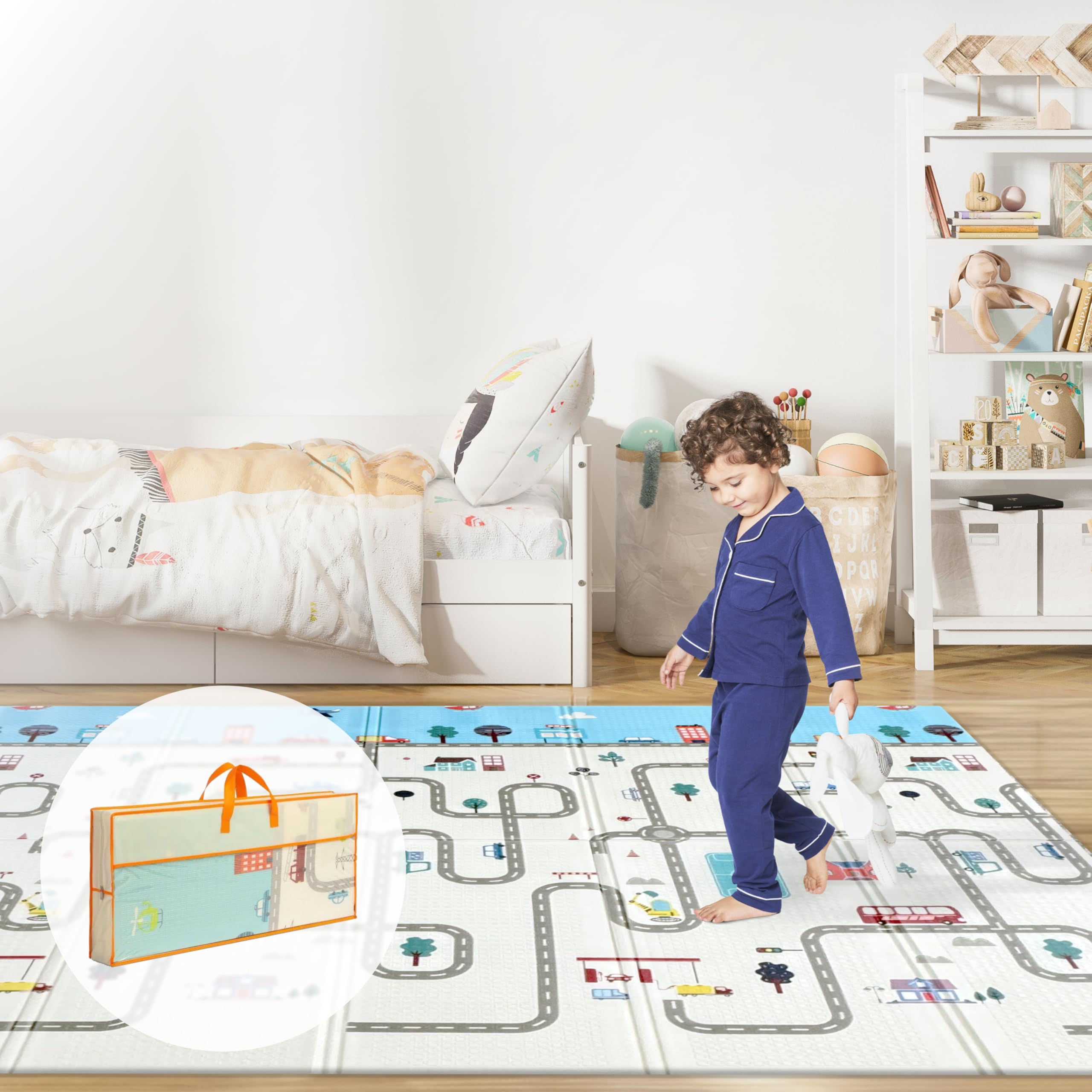Wiltology playmat cityscape side image shows vibrant urban design for imaginative play and motor-skill practice.