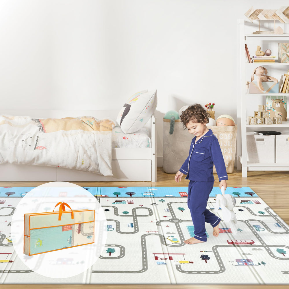 Wiltology playmat cityscape side image shows vibrant urban design for imaginative play and motor-skill practice.