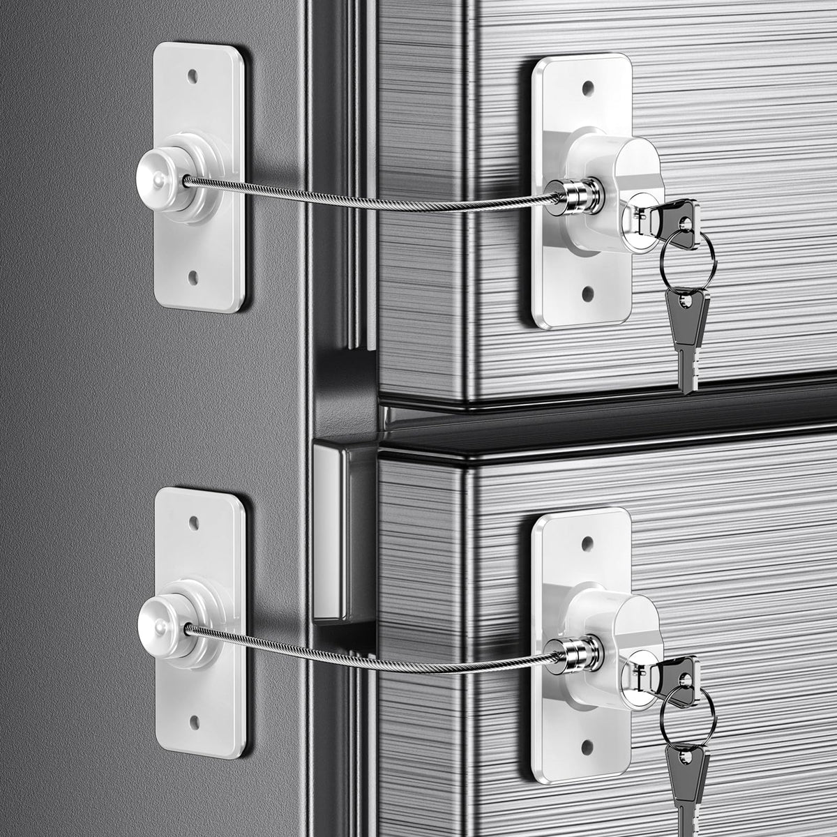 WILZEIMY 2-pack fridge lock demonstrates simple installation on a fridge for safer kids.