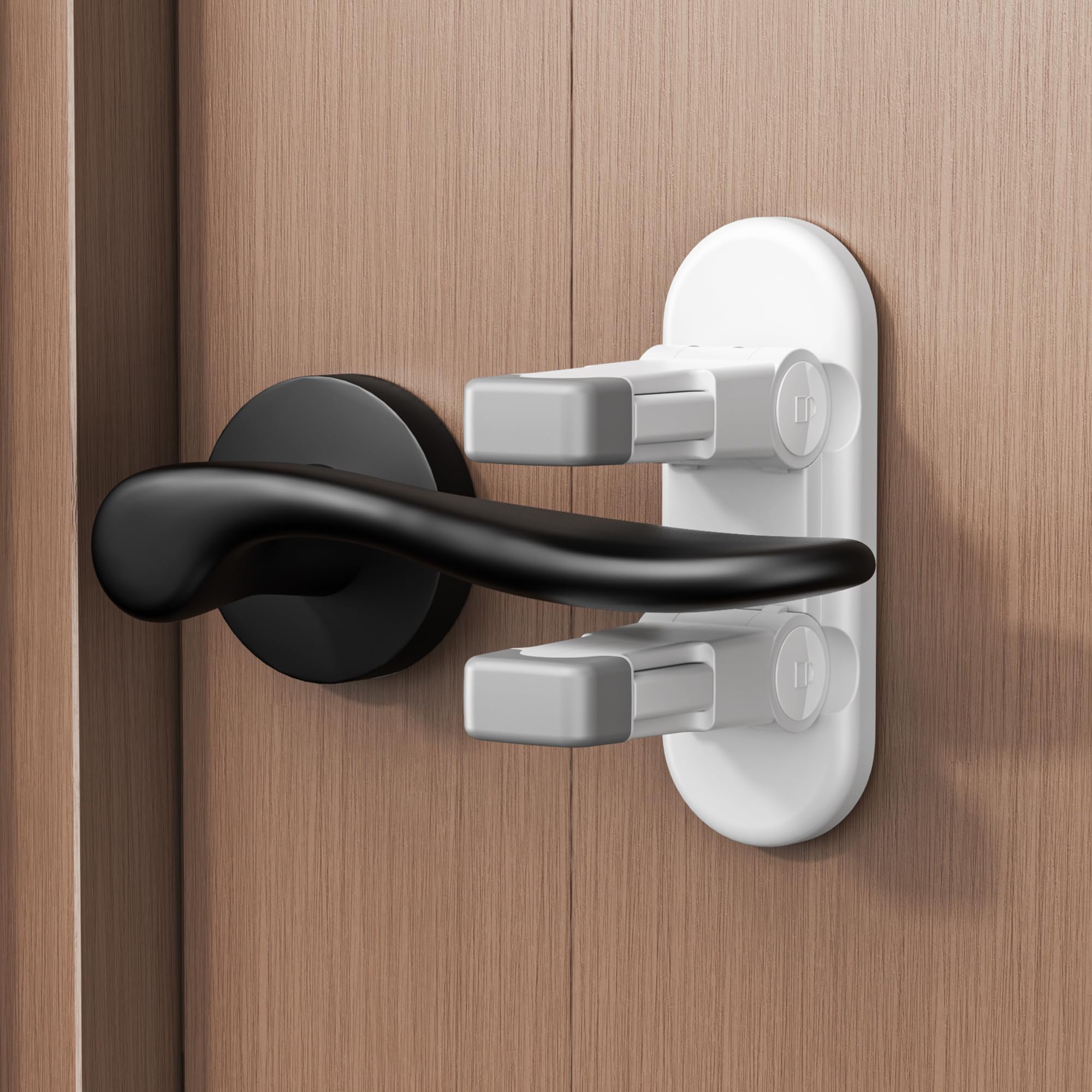 WILZEIMY 4-pack door lever locks show adhesive installation for kid-proof safety.