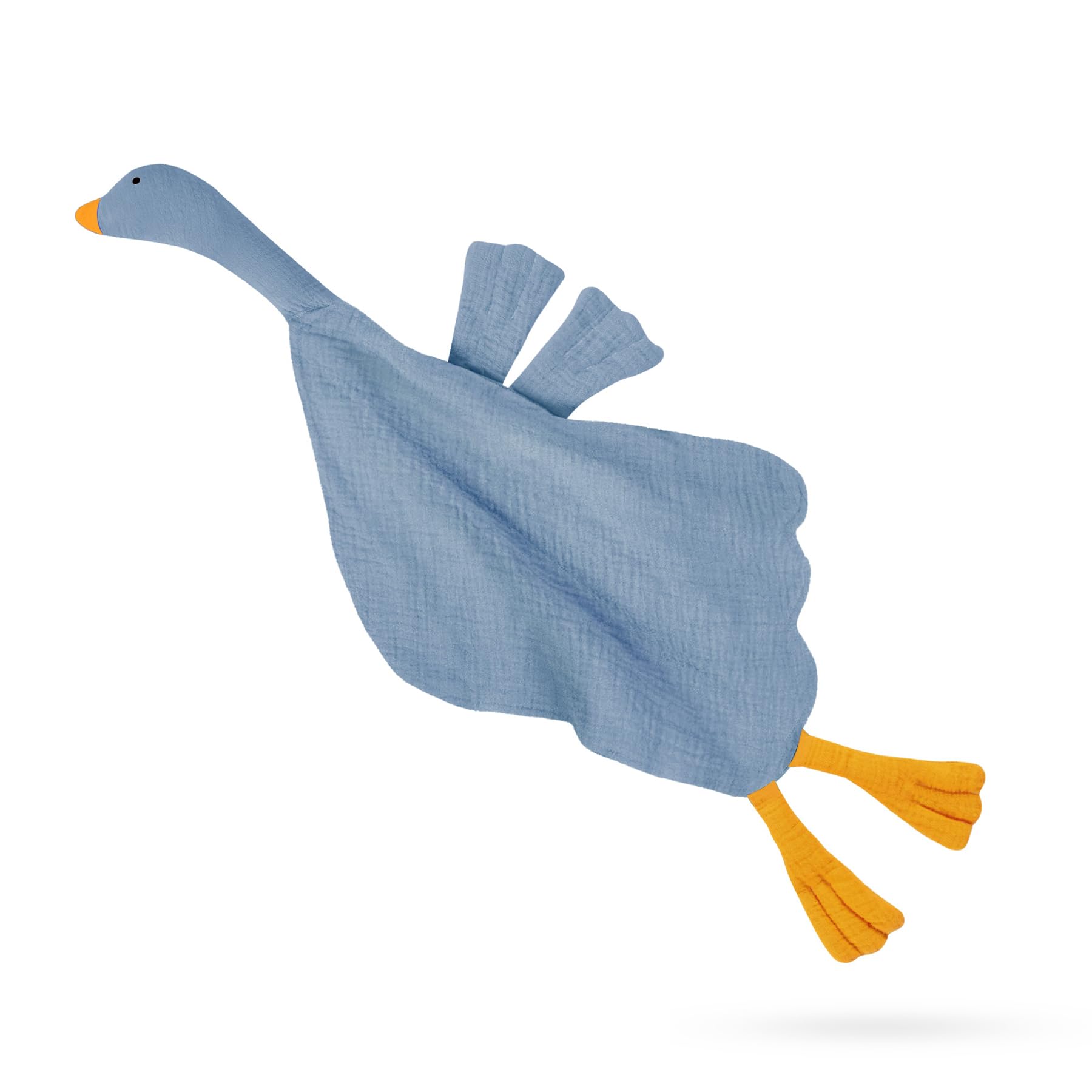 Wimist goose lovey in blue costume offers soft security for baby during naps.