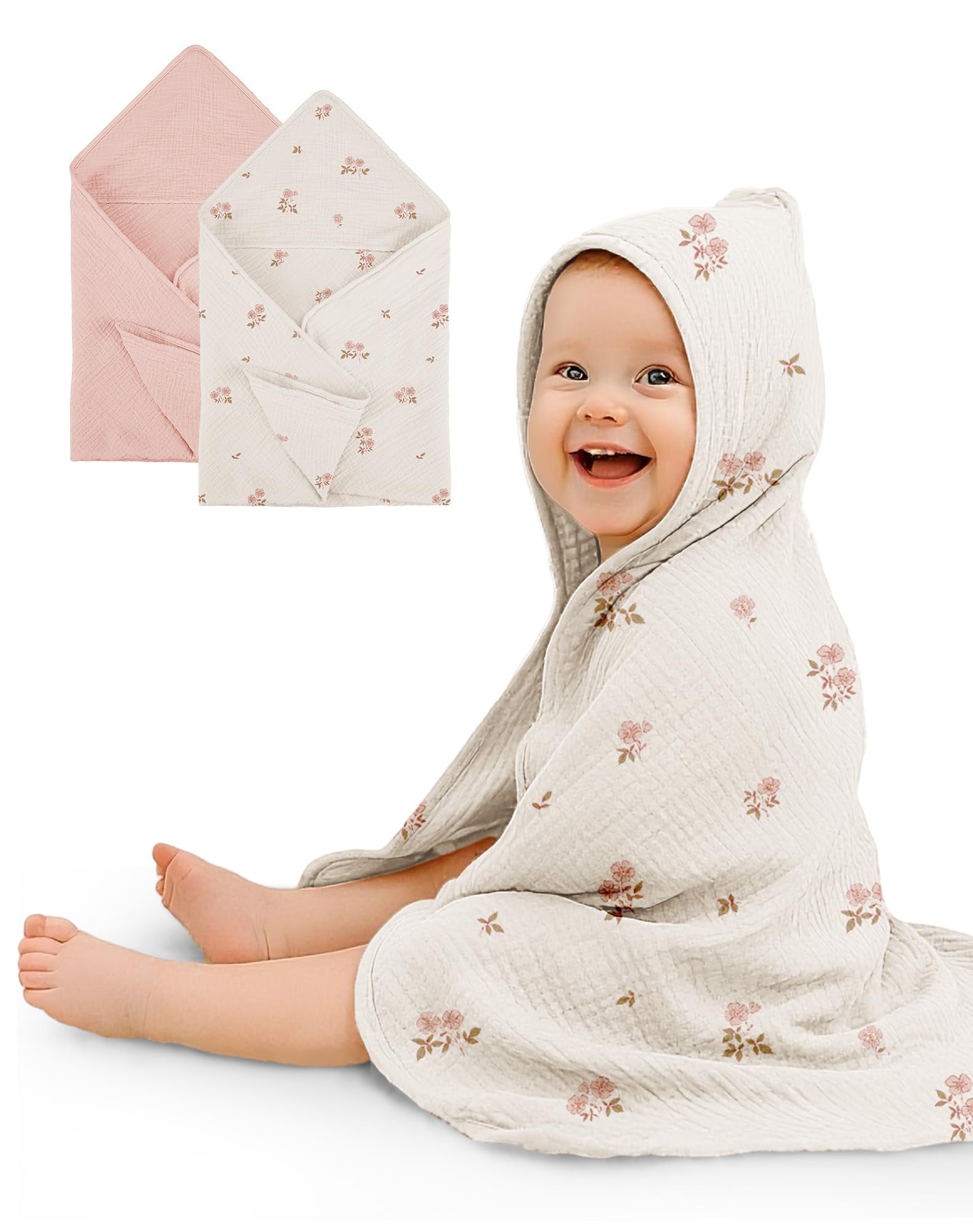 Wimist hooded baby towel Vintage Blossom closeup showing plush thickness for gentle drying.