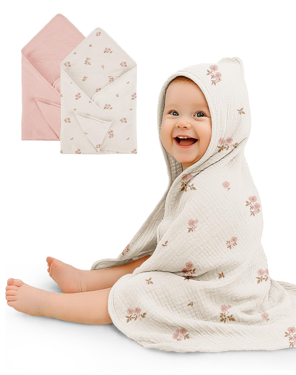 Wimist hooded baby towel Vintage Blossom closeup showing plush thickness for gentle drying.